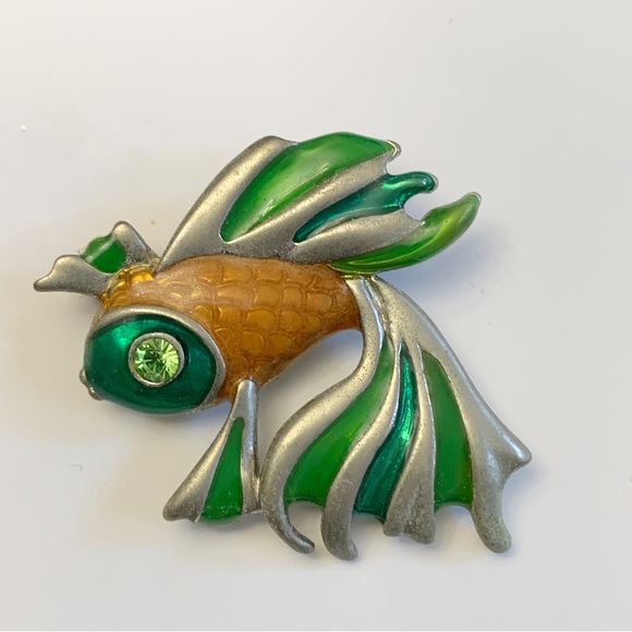 Enamel betta fighting fish brooch pin colorful green gold rhinestone  eye - Picture 3 of 5